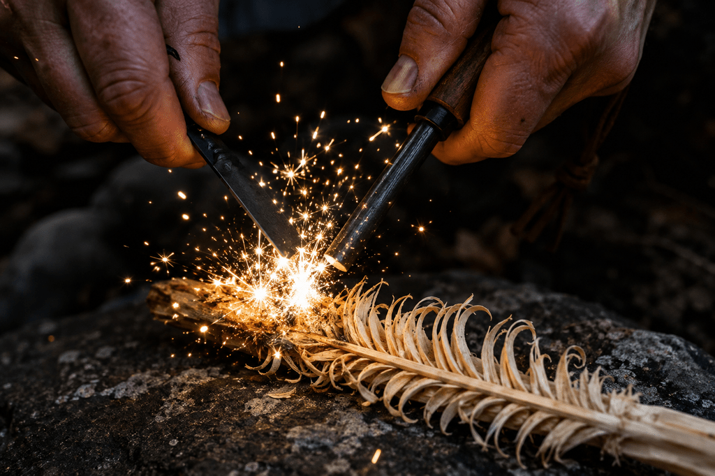 5 Alat Survival Bushcraft Wajib Dibawa Saat Masuk Hutan Belantara 4 Percikan api panas dari ferro rod menyalakan serutan kayu pemantik di lantai hutan basah.