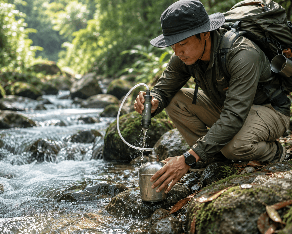 5 Alat Survival Bushcraft Wajib Dibawa Saat Masuk Hutan Belantara 6 Penggunaan alat filter air portabel menyaring air sungai hutan menjadi air minum steril.
