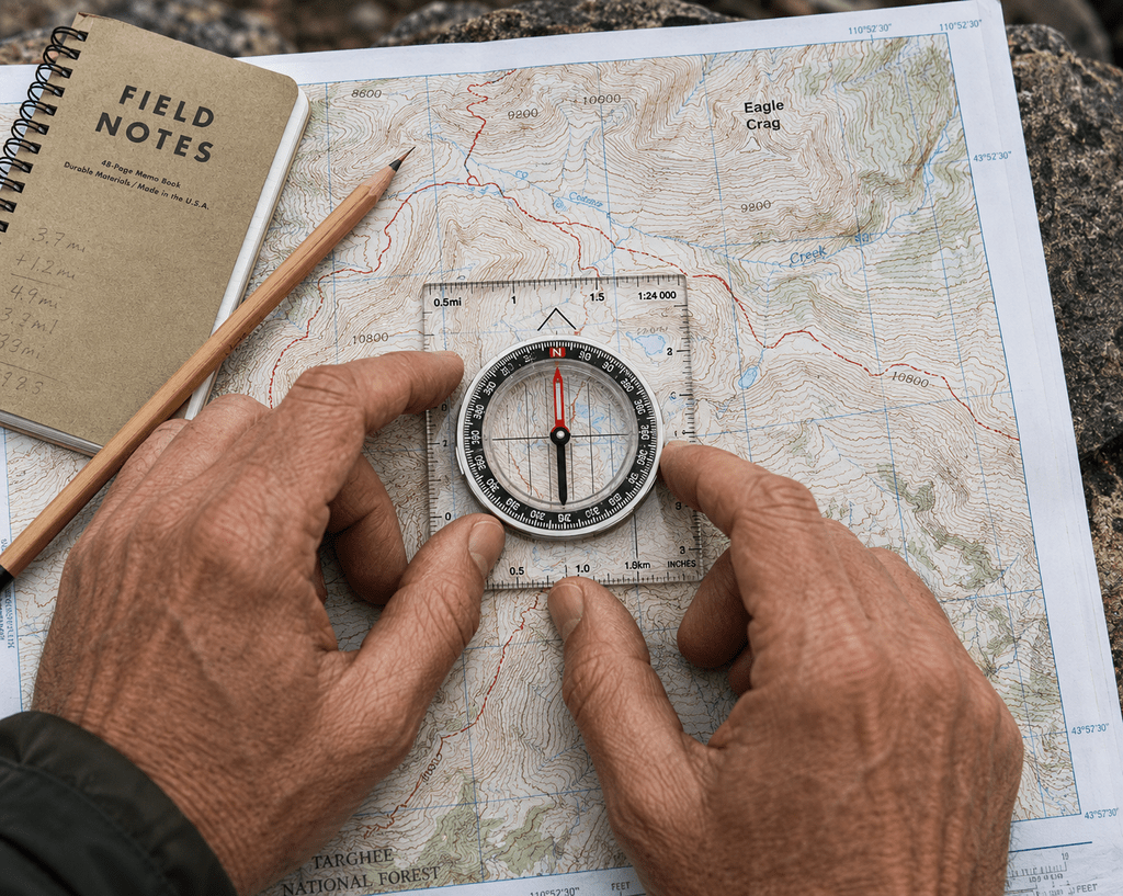 5 Alat Survival Bushcraft Wajib Dibawa Saat Masuk Hutan Belantara 7 Pembacaan kompas magnetik analog di atas peta kontur topografi untuk navigasi darurat hutan.