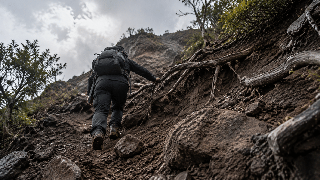 Jalur setapak terjal berbatu di lereng gunung terpencil dalam pendakian solo hiking ekstrem.