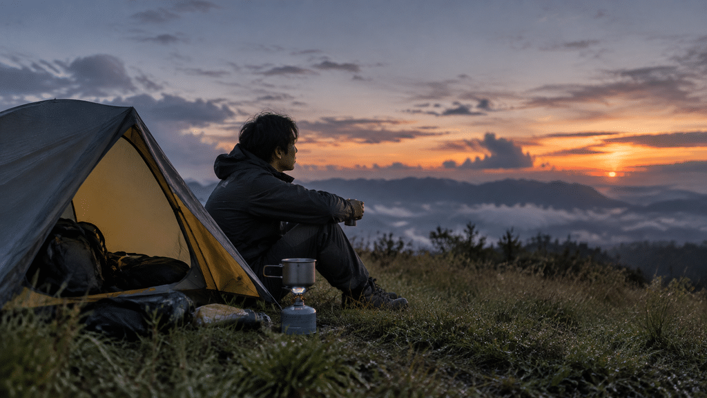Suasana hening pendaki menyalakan kompor lapangan di depan tenda ringkas saat solo hiking ekstrem.