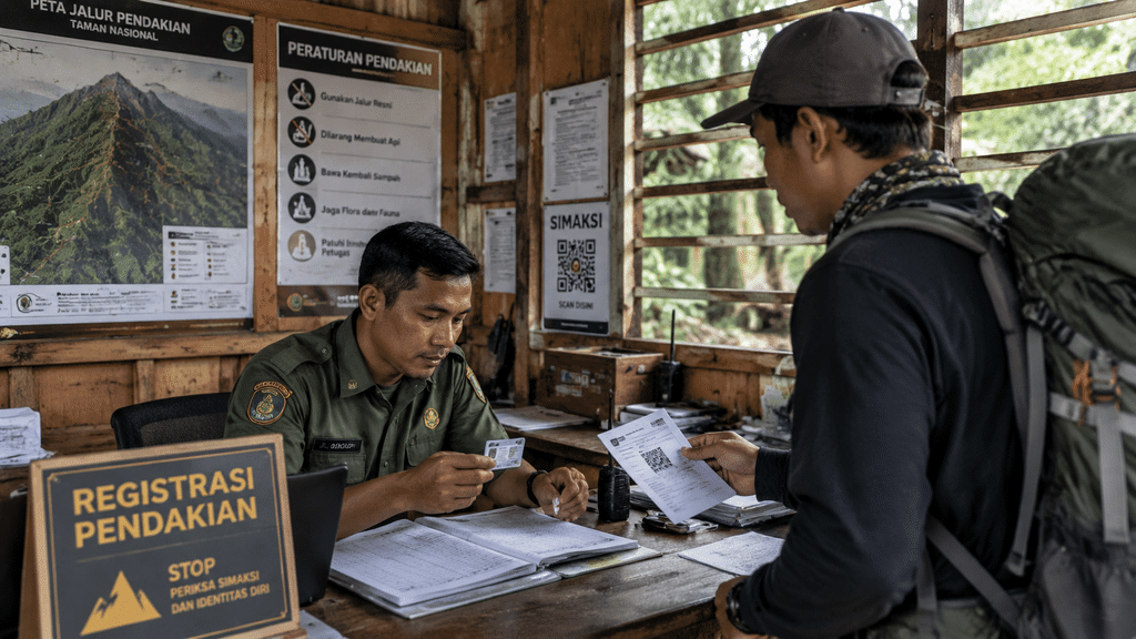Petugas taman nasional memeriksa berkas simaksi dan identitas pendaki di pos registrasi resmi.