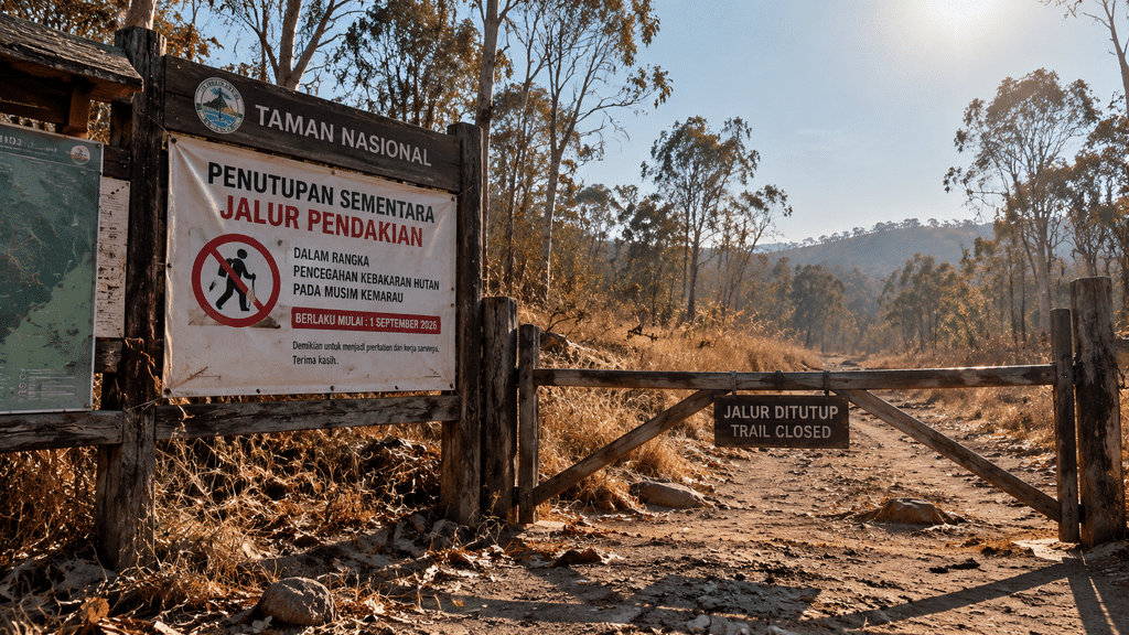 Plang penutupan jalur pendakian taman nasional untuk pencegahan kebakaran hutan musim kemarau.