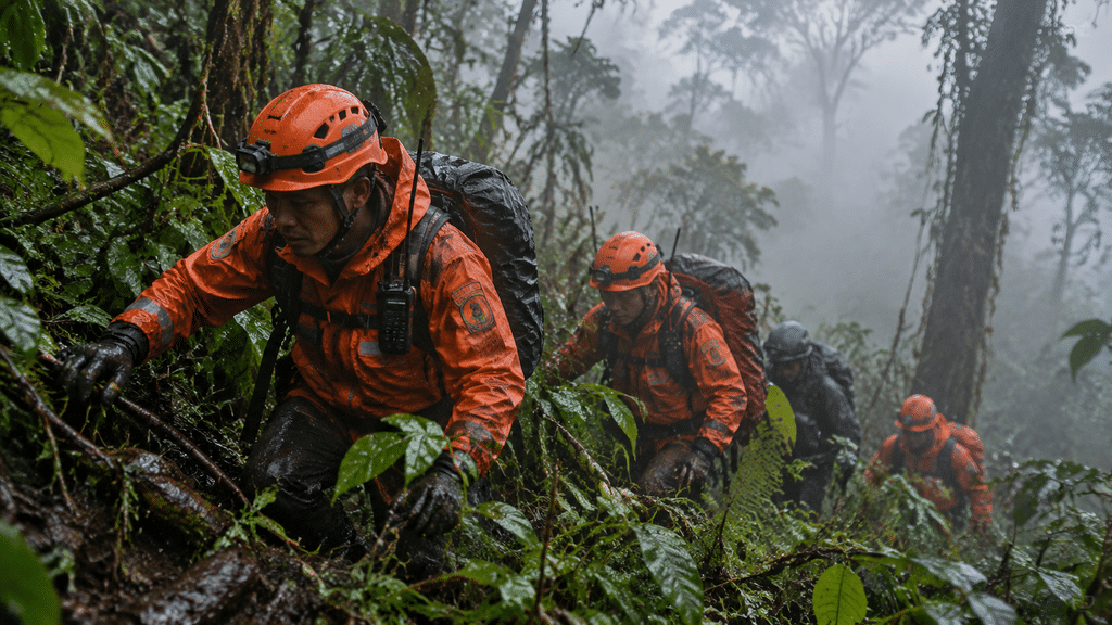 Tim SAR gabungan menyisir hutan lebat berkabut dalam operasi pencarian pendaki gunung.
