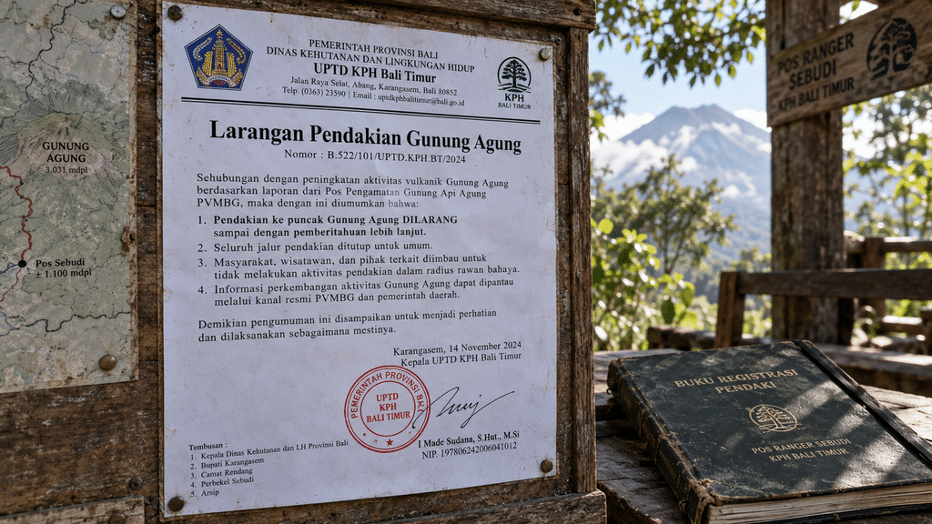 Wajib Tahu, Gunung Agung Ditutup Saat Pujawali 21 Oktober–5 November 2 Papan pengumuman resmi surat imbauan UPTD KPH Bali Timur tentang larangan pendakian Gunung Agung terpasang di pos jaga.