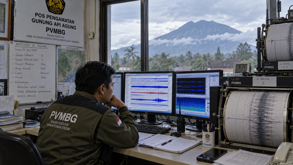 Wajib Tahu, Gunung Agung Ditutup Saat Pujawali 21 Oktober–5 November 12 Petugas pos pengamatan gunung api PVMBG memantau grafik seismik aktivitas vulkanik Gunung Agung di monitor pemantauan.
