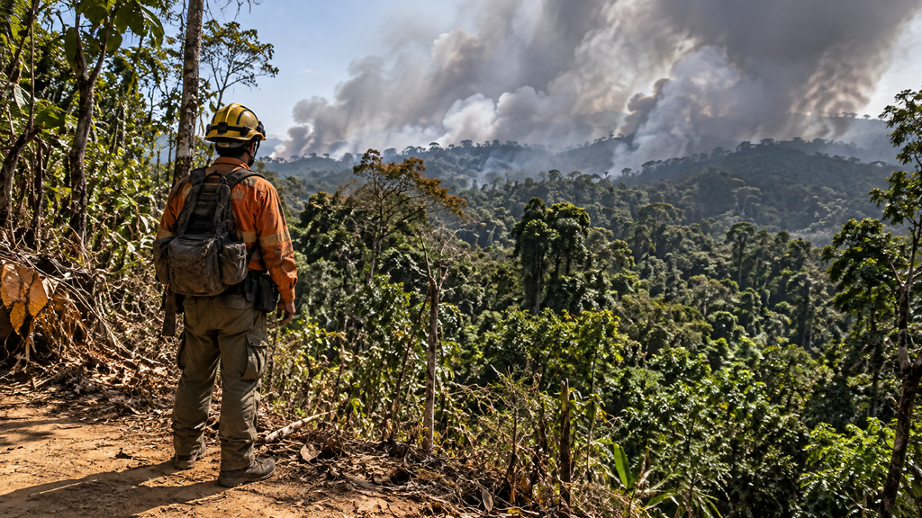 Karhutla Tanjung Puting Tinggal 600 Meter dari Feeding Camp Orangutan 2 Relawan pemadam kebakaran berbaju oranye mengamati kepulan asap tebal dari balik pepohonan di Taman Nasional Tanjung Puting.