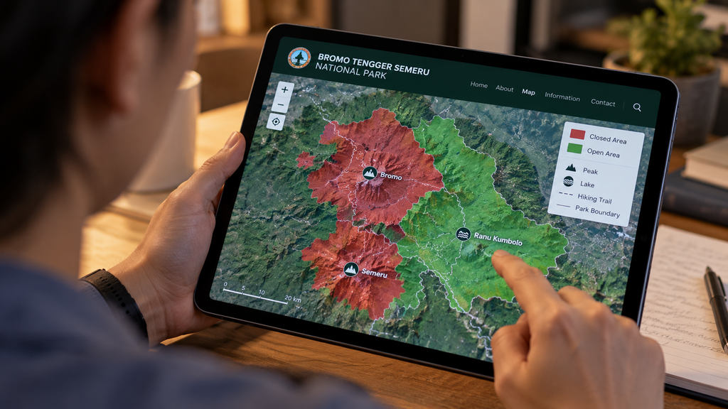 Karhutla Tanjung Puting Tinggal 600 Meter dari Feeding Camp Orangutan 5 Layar komputer tablet menampilkan peta digital sederhana dari kawasan Tanjung Puting, menandai rute yang ditutup dan yang masih dapat diakses.
