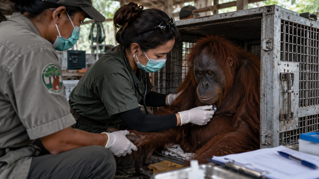 Karhutla Tanjung Puting Tinggal 600 Meter dari Feeding Camp Orangutan 7 Petugas konservasi dari BKSDA dan dokter hewan sedang memeriksa kesehatan seekor orangutan di dalam kandang transit sebelum proses translokasi.