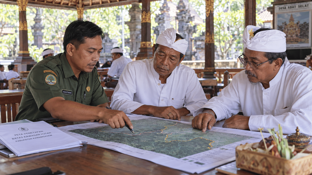Wajib Tahu, Gunung Agung Ditutup Saat Pujawali 21 Oktober–5 November 4 Petugas kehutanan UPTD KPH Bali Timur berdialog dengan pengurus Pura Pasar Agung terkait penegakan surat imbauan.