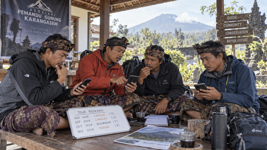 Wajib Tahu, Gunung Agung Ditutup Saat Pujawali 21 Oktober–5 November 8 Kelompok pemandu pendakian lokal berdiskusi di pos pemandu Desa Sebudi mengenai penyesuaian jadwal tamu saat penutupan.