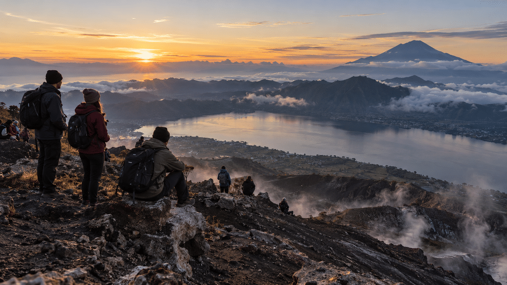 Wajib Tahu, Gunung Agung Ditutup Saat Pujawali 21 Oktober–5 November 9 Pemandangan fajar di puncak Gunung Batur Kintamani sebagai jalur alternatif pendakian saat Gunung Agung ditutup.