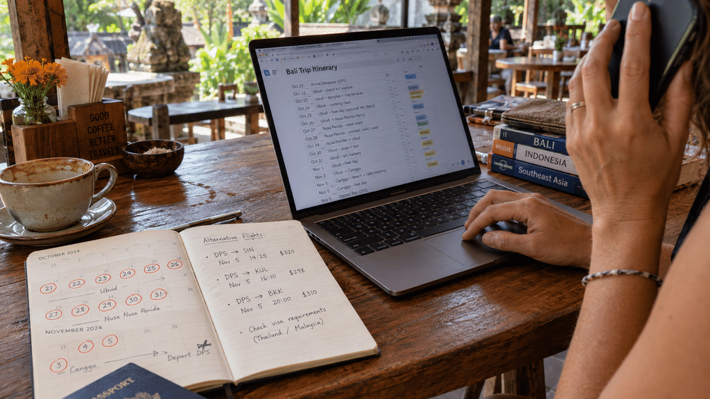 Wajib Tahu, Gunung Agung Ditutup Saat Pujawali 21 Oktober–5 November 10 Pendaki mengecek kalender perjalanan dan menghubungi operator pemandu lewat laptop untuk mengatur ulang jadwal trip.